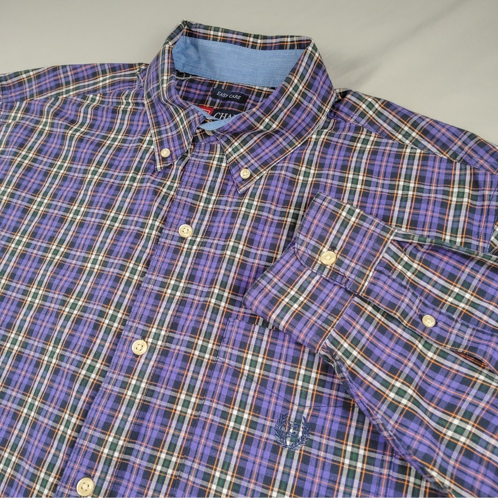 Chaps Button Down Shirt Mens XLT Purple Orange White Plaid Long Sleeve Easy Care